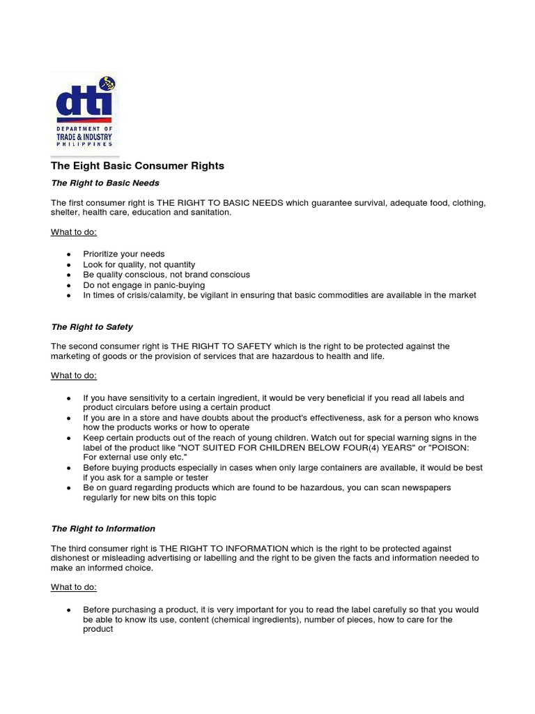 The Eight Basic Consumer Rights in The Philippines PDF | PDF ...