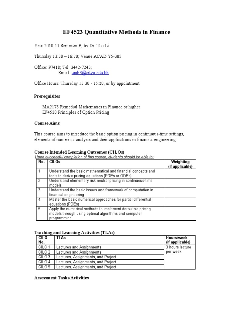 Quantitative Finance Methods Course | PDF | Mathematical Finance ...
