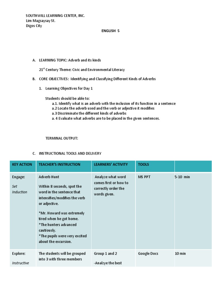 Adverbs Lesson Plan for Grade 5 | PDF | Adverb | Verb