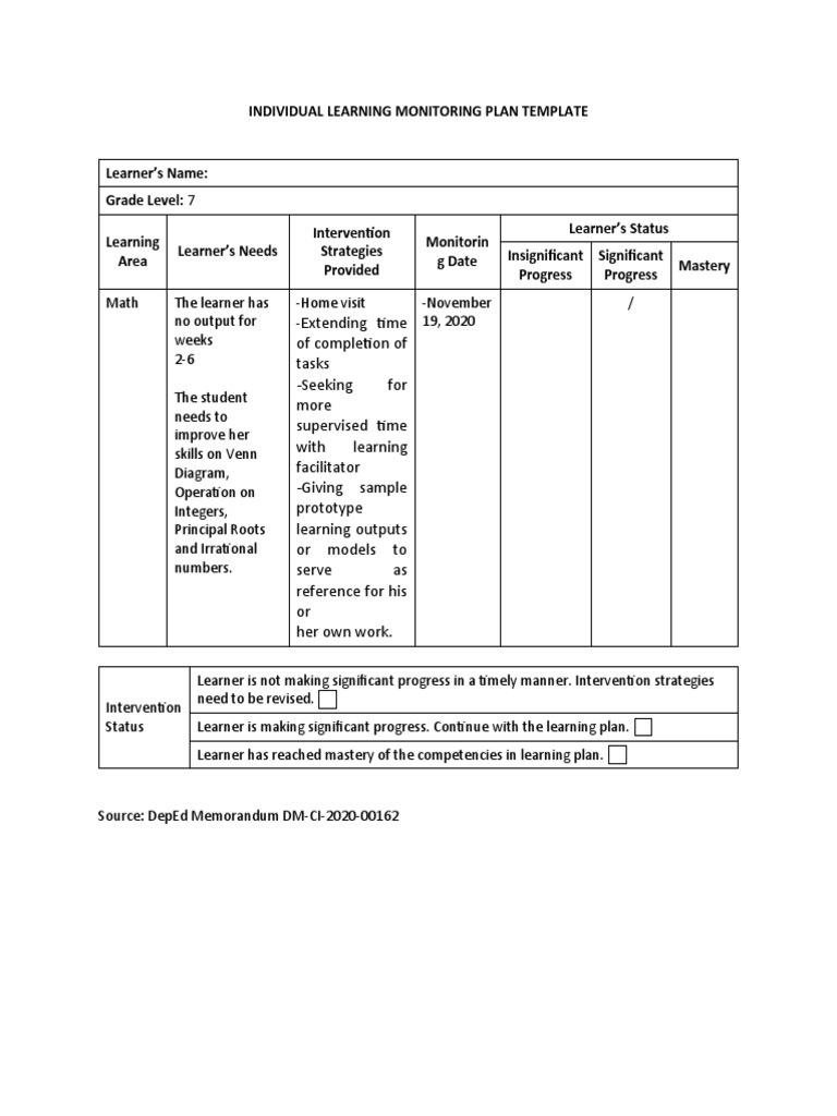 Individual Learning Monitoring Plan Sample PDF