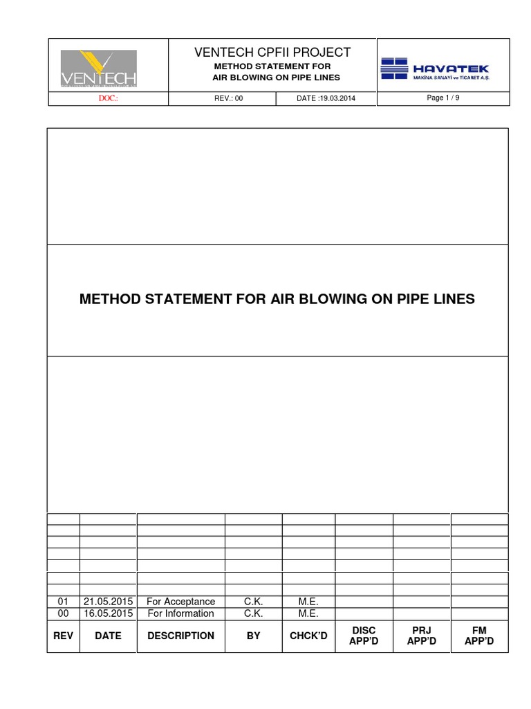 Air Blowing Method Statement for Piping | PDF | Pipe (Fluid Conveyance ...