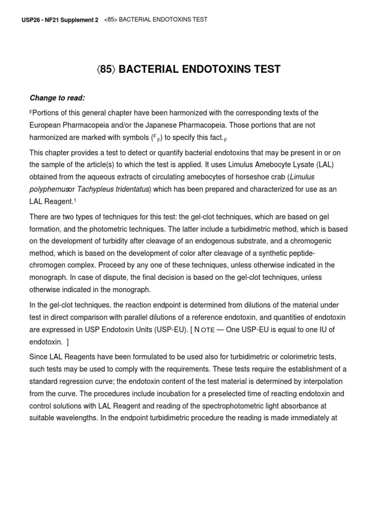 85 Bacterial Endotoxins Test Change To Read PDF Scientific Control