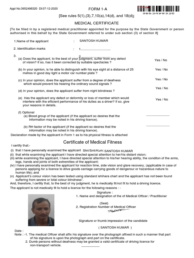 Medical Fitness Certificate and Examination Report for Driving Licence