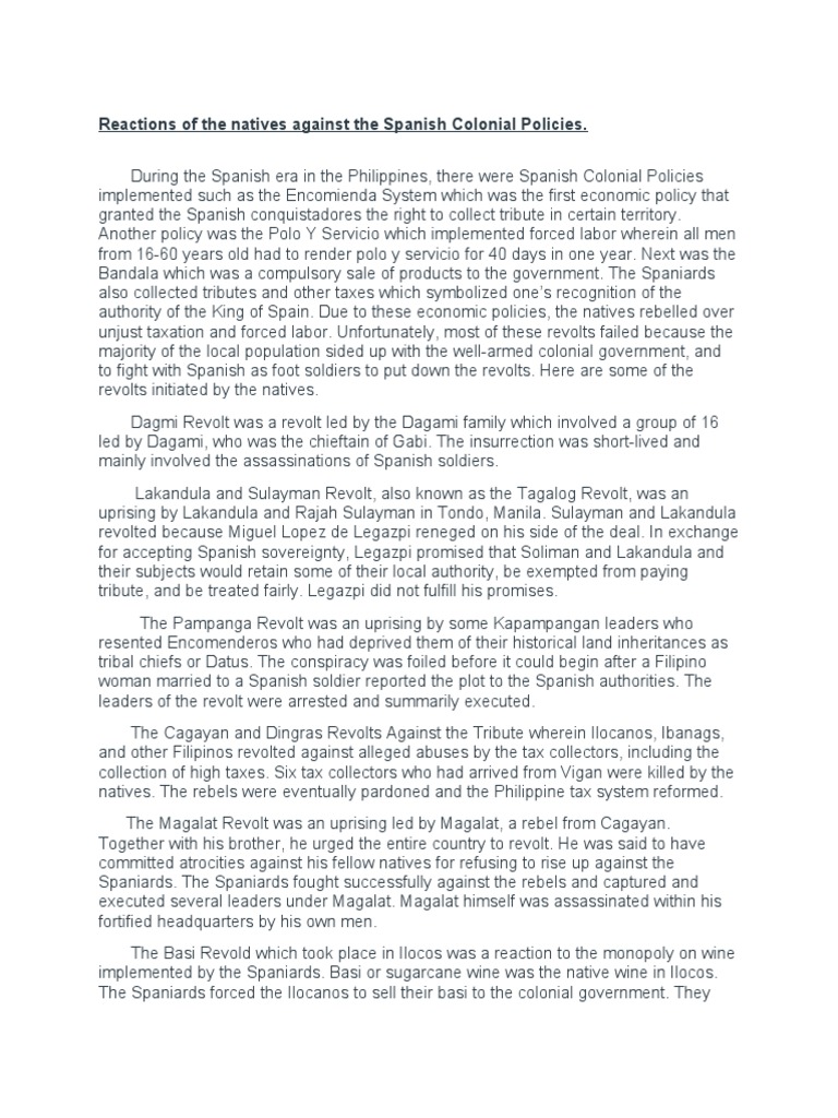 Reactions of The Natives Against The Spanish Colonial Policies | PDF ...