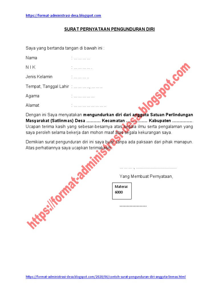 Surat Pernyataan Pengunduran Diri Anggota Linmas