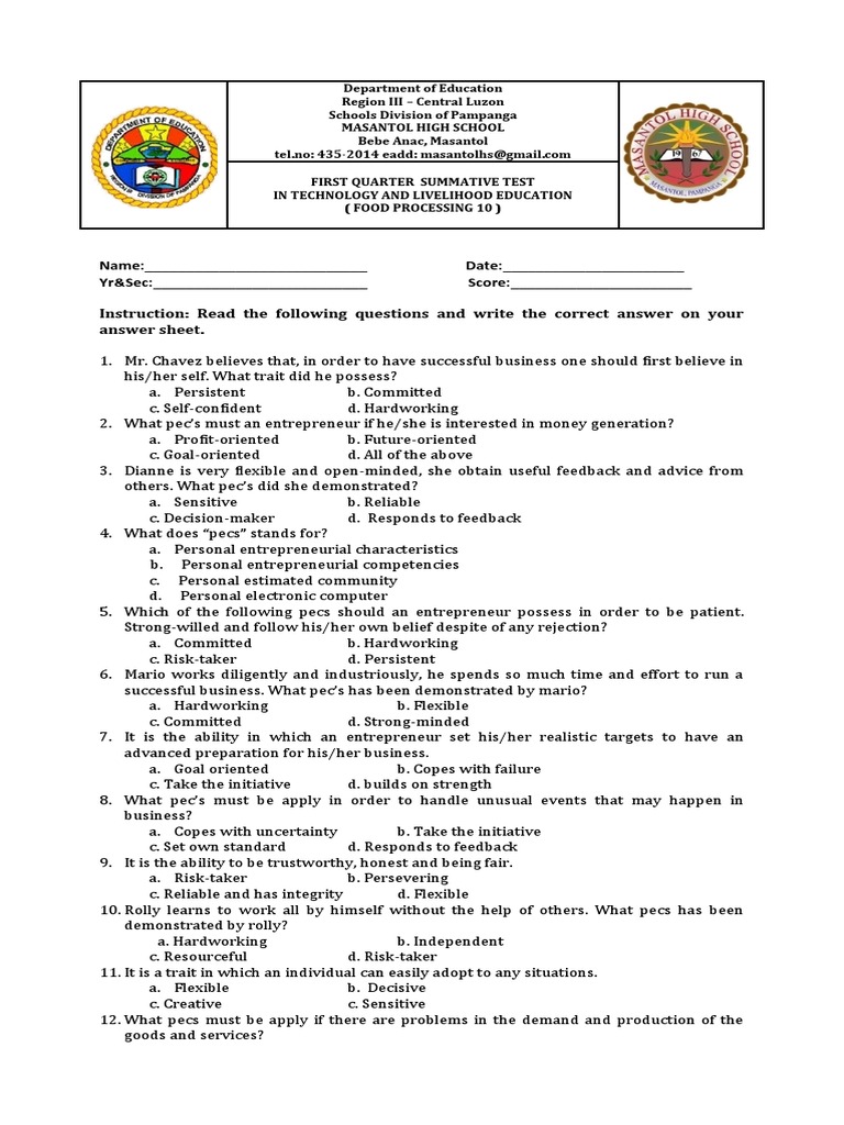 Grade 10 Food Processing Exam Review | PDF | Entrepreneurship | Cognition