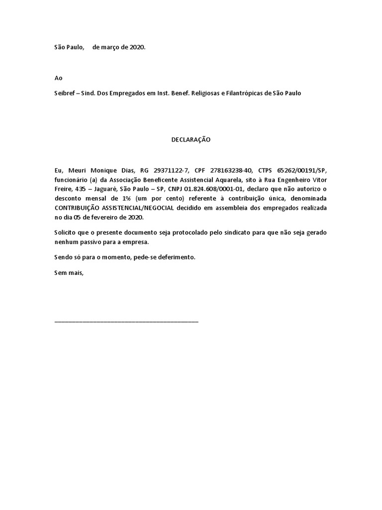 Modelo Carta Oposição Desconto Sindical PDF