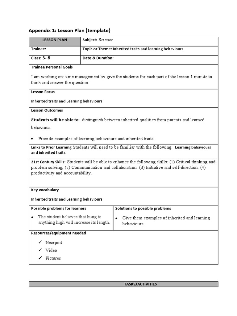 Appendix 1: Lesson Plan (Template) : Inherited Traits and Learning ...