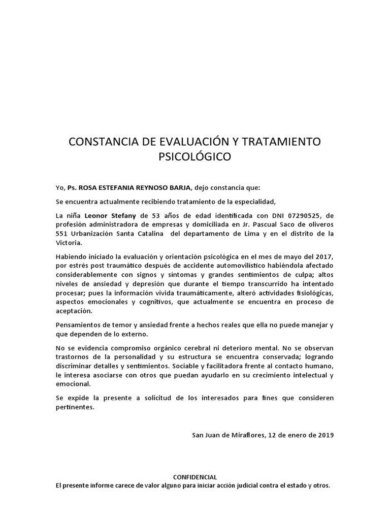Constancia de Tratamiento Leonor Rojas | PDF
