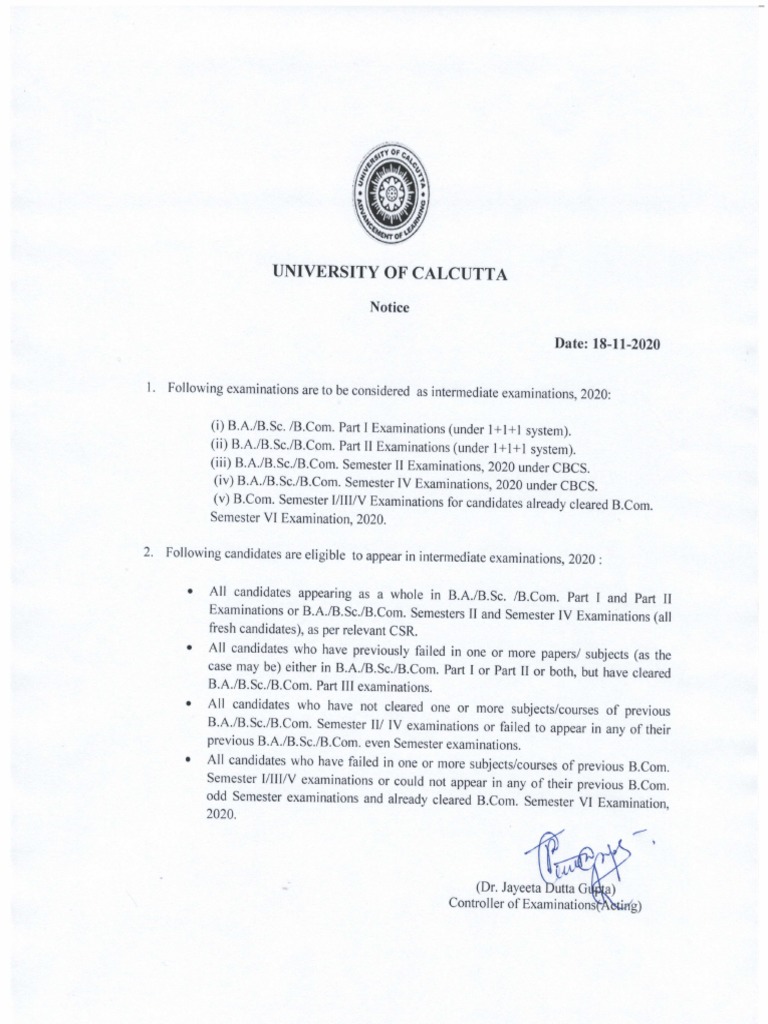 Notice Intermediate Examination 2020 PDF PDF Bachelor Of Arts