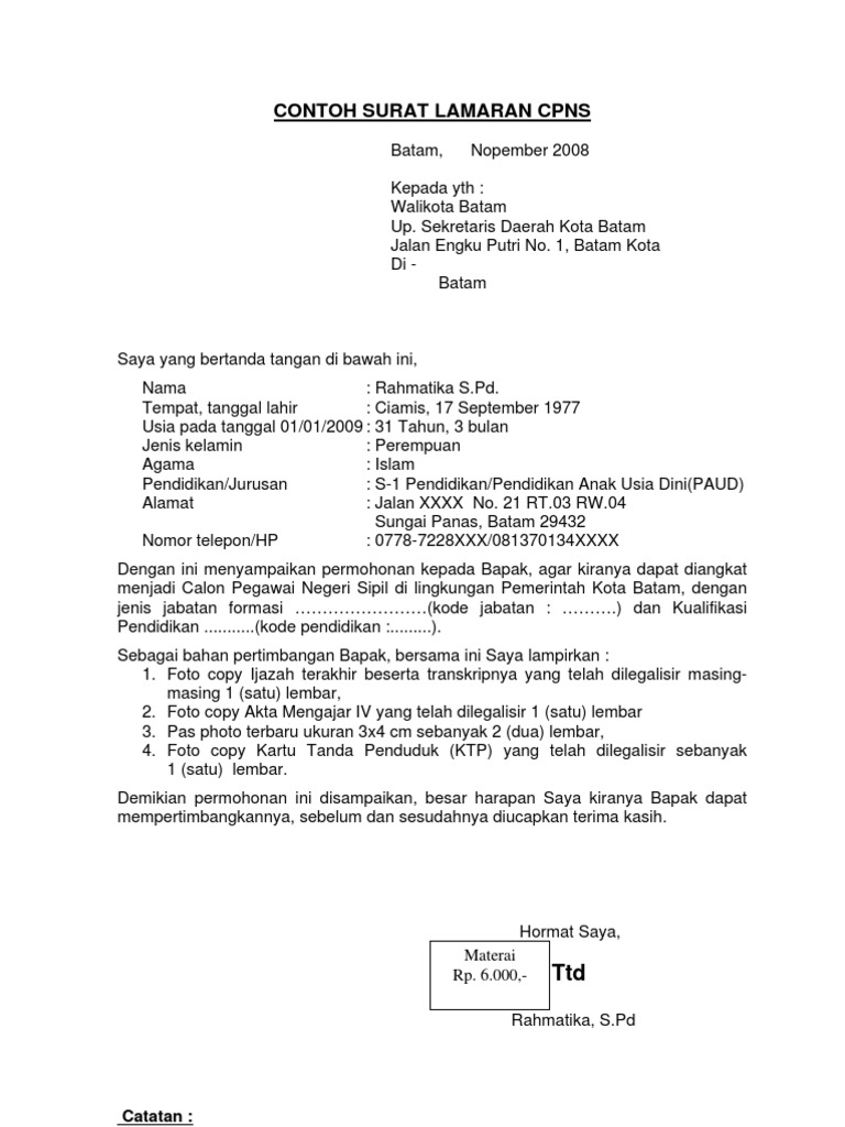 Contoh Surat Lamaran Cpns Pdf