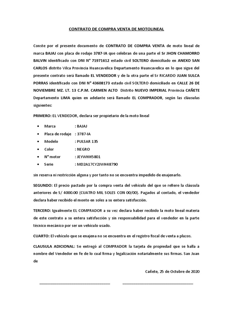 Contrato de Compra Venta de Moto BAJAJ | PDF | Finanzas y dinero | Derecho