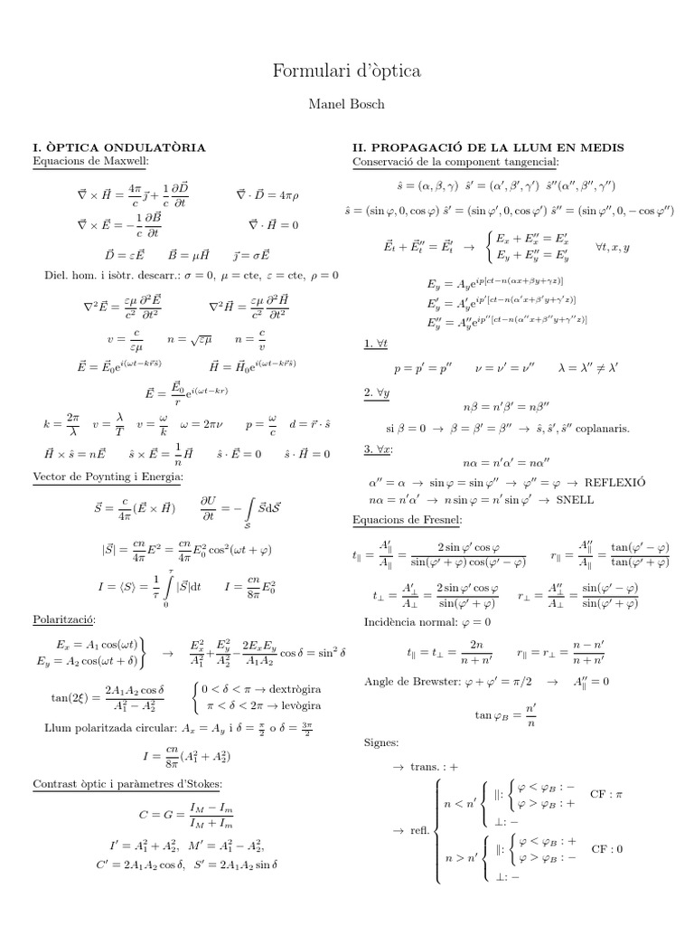 Formulari Optica PDF | PDF | Physics | Theoretical Physics