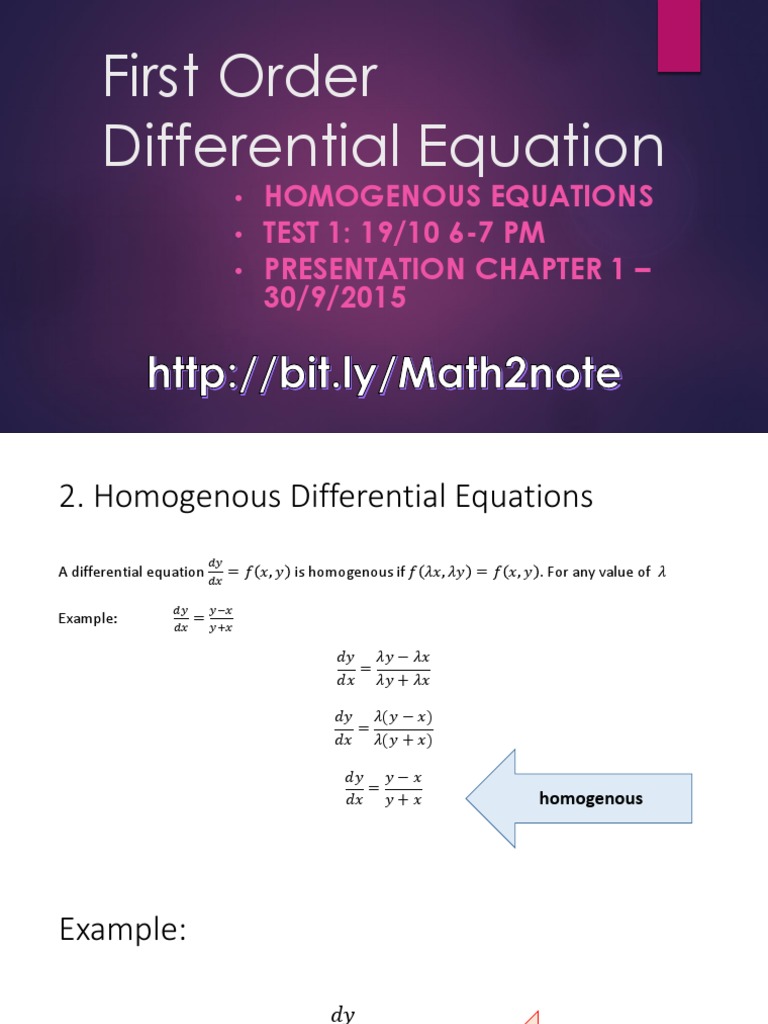 First Order Differential Equation: Homogenous Equations TEST 1: 19/10 6 ...