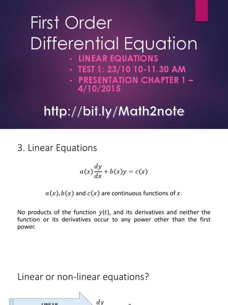 First Order Differential Equation: Linear Equations TEST 1: 23/10 10-11 ...