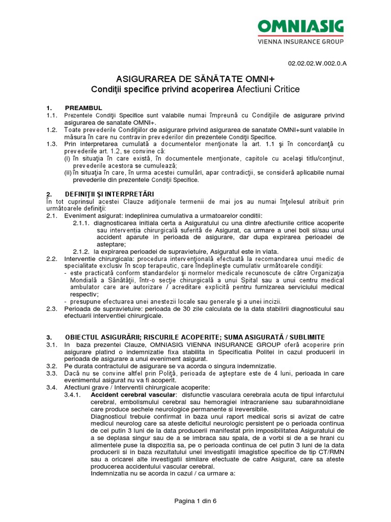 Conditii Specifice Afectiuni Critice Asigurare Sanatate OMNI+@2020 | PDF