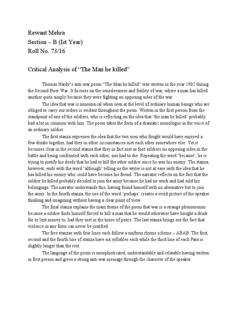 Critical Analysis 'The Man He Killed' & 'The Peasant's Bread' PDF Beverages Unrest