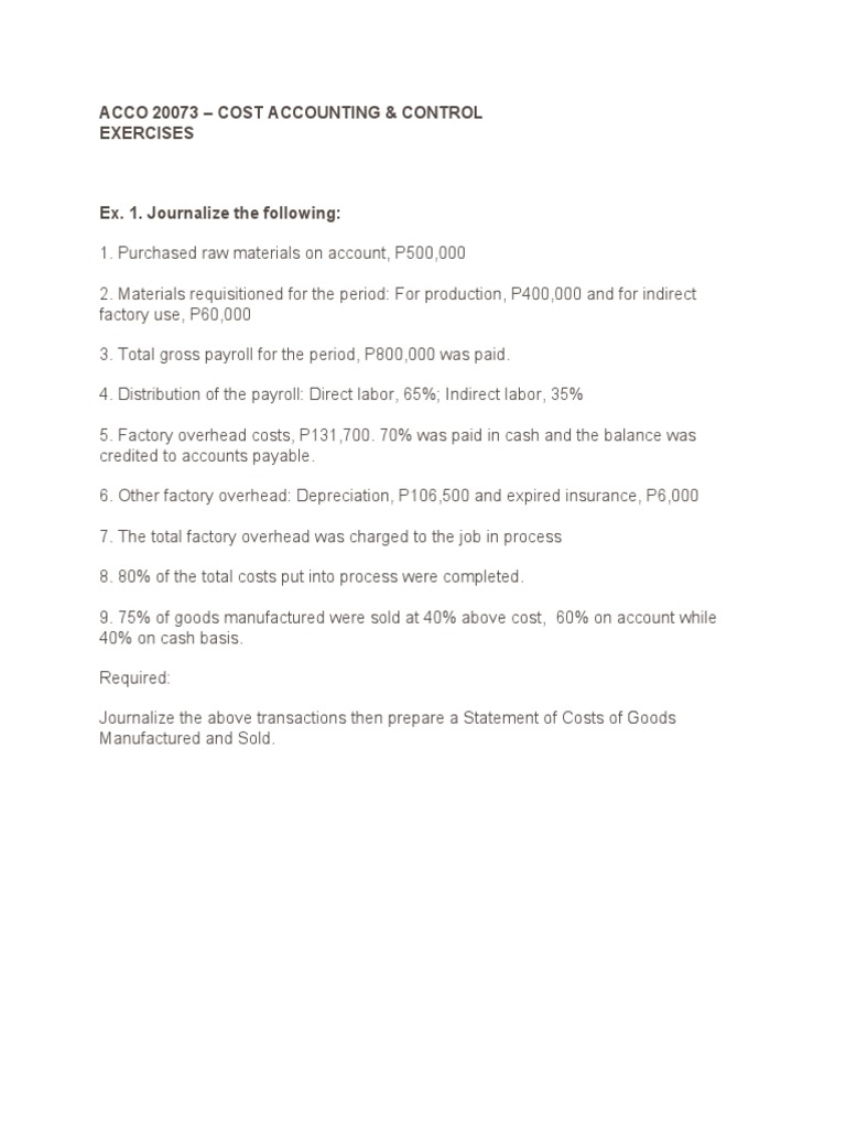 Cost Accounting Exercises and Solutions | PDF | Cost Of Goods Sold ...