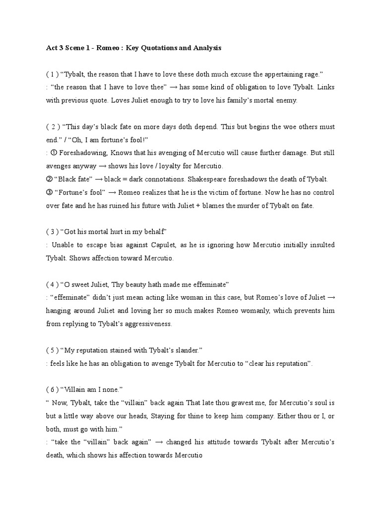 R&J Act 3 Scene 1 - Romeo's Key Quotations and Analysis PDF