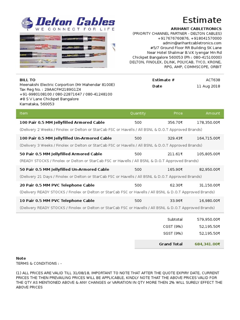 Estimate for the supply of various types and quantities of cable from ...