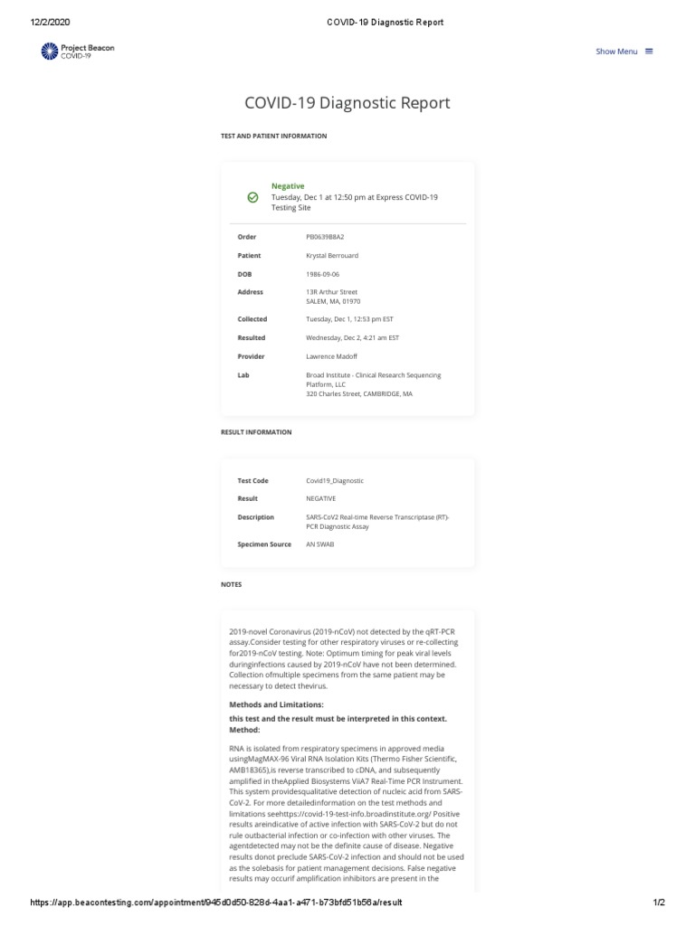 COVID-19 Diagnostic Report: Test and Patient Information | PDF | Real ...