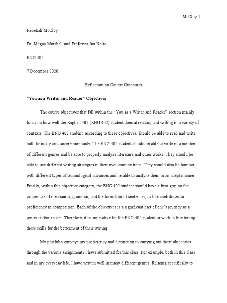 Reflection On Course Outcomes | PDF | Lesson Plan | Literacy