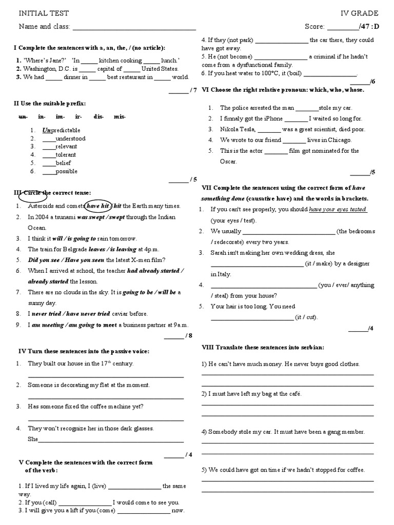 4th Grade English Grammar Test | PDF | Syntax | Grammar