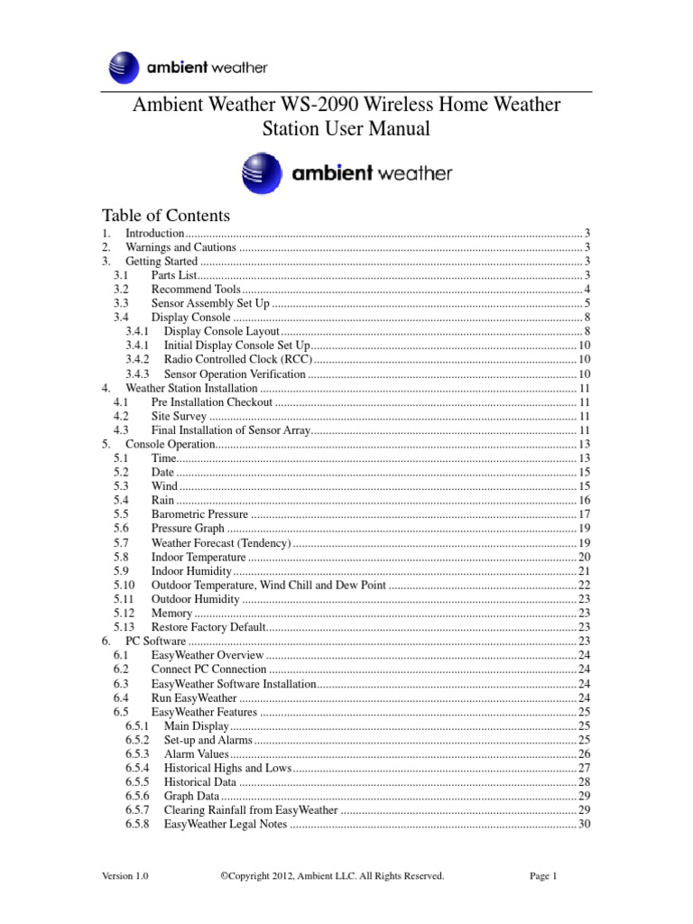 Ambient Weather WS2090 Wireless Home Weather Station User Manual PDF