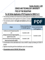Addis Ababa Science and Technology University Office of The Registrar For All Online Applicants of PG Programs For 2020/21 A.Y