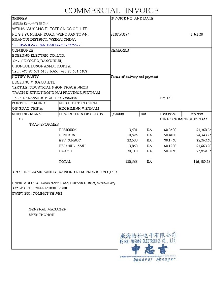 Commercial Invoice for Transformers Shipment | PDF | Economies | Business