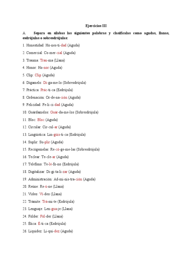 Ejercicios de separación silábica y acentuación | PDF | Fonética | Voz ...