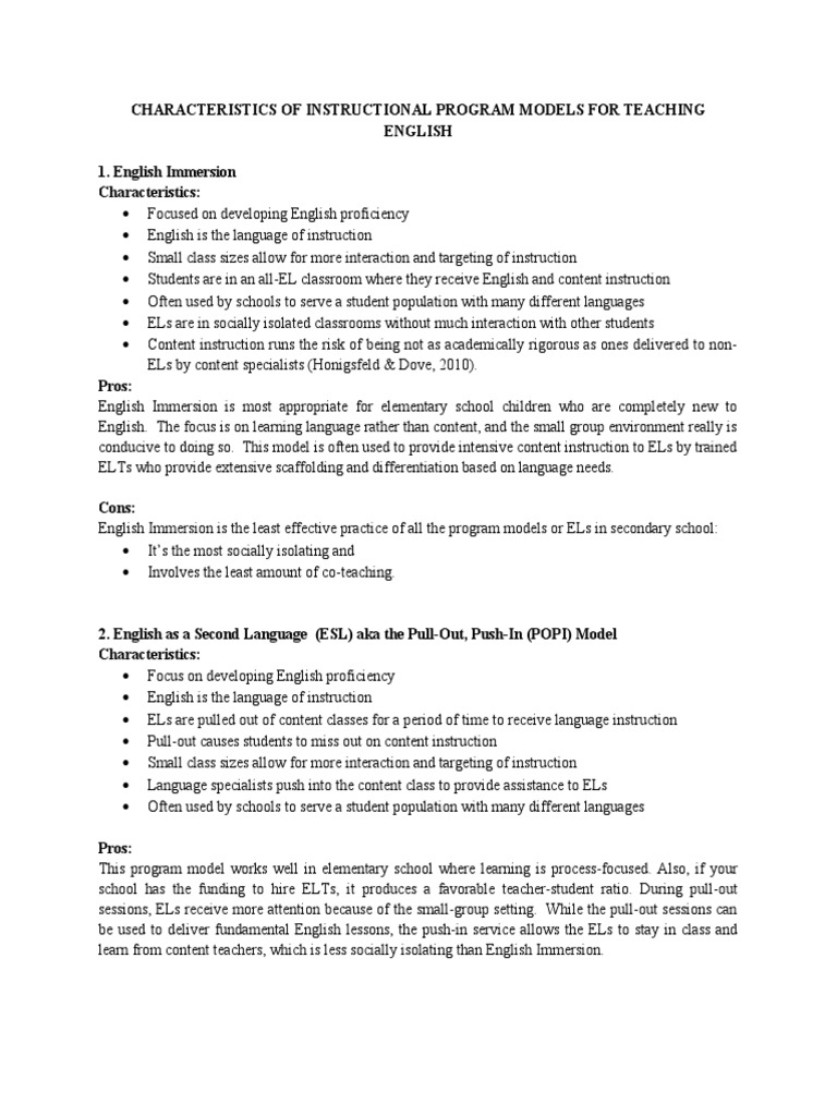 ESL Program Models for Effective Teaching | PDF | English As A Second ...