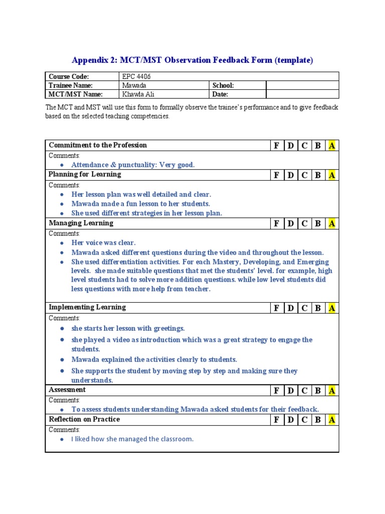 MCT/MST Observation Feedback Form | PDF | Career & Growth