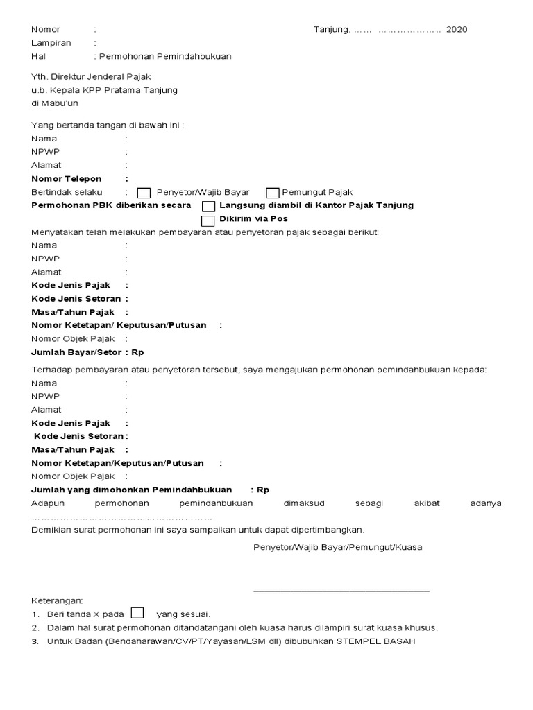 Surat Permohonan Pemindahbukuan Pajak | PDF