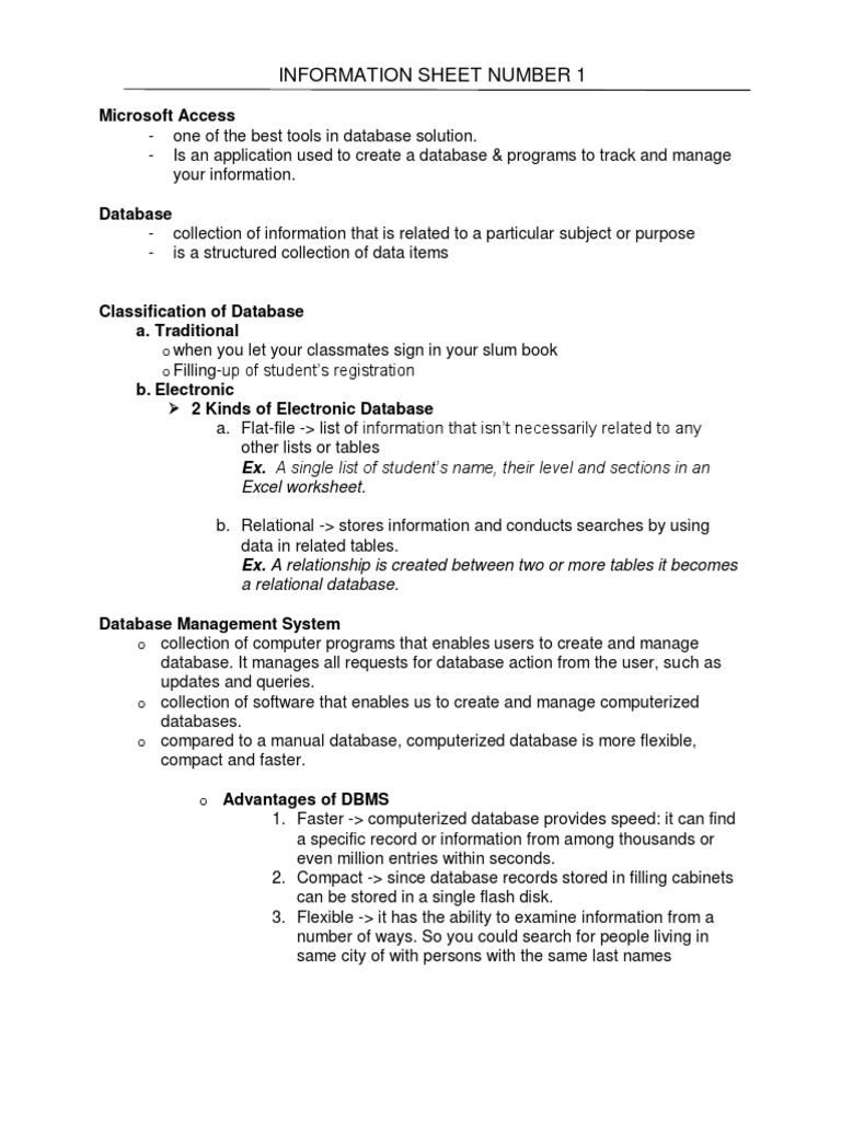 Information Sheet Number 1: Microsoft Access | PDF