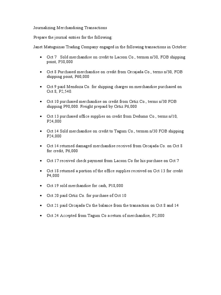 Problem Journalizing Merchandising Transactions | PDF