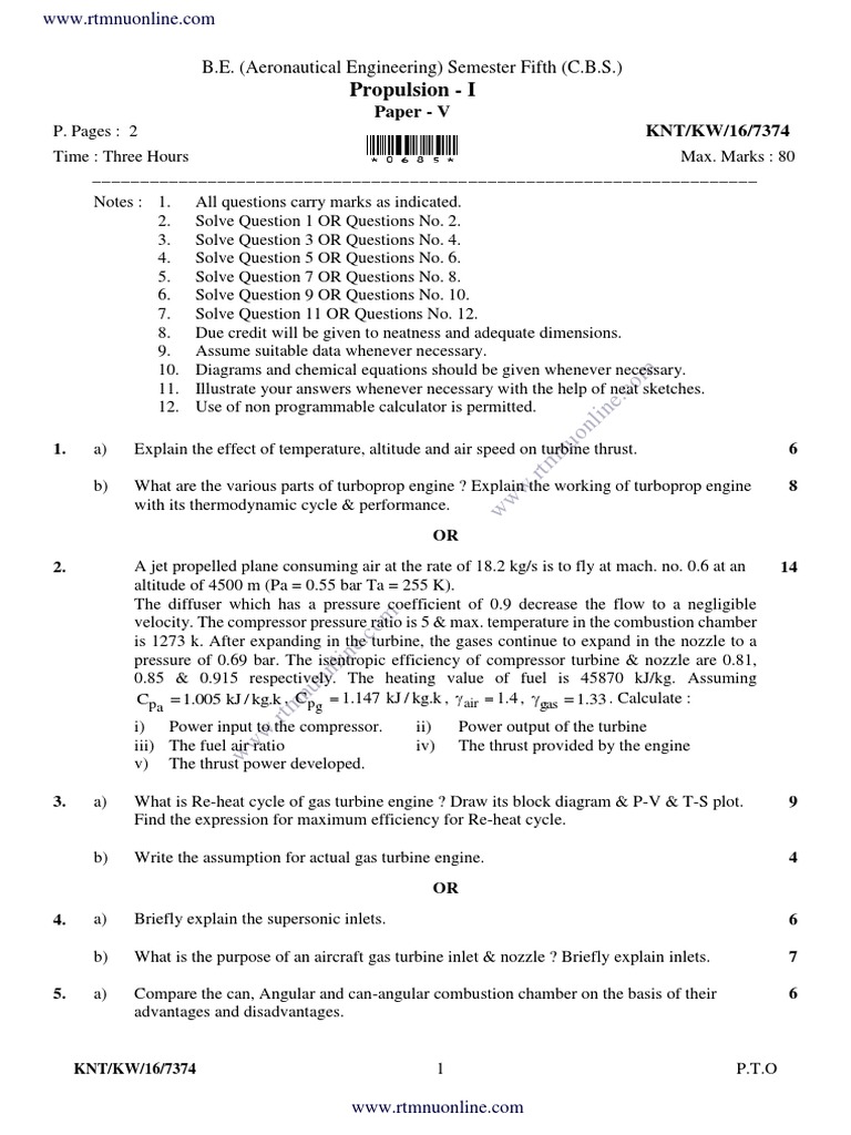 Aeronautical Engineering Propulsion Exam | PDF | Liquids | Engines