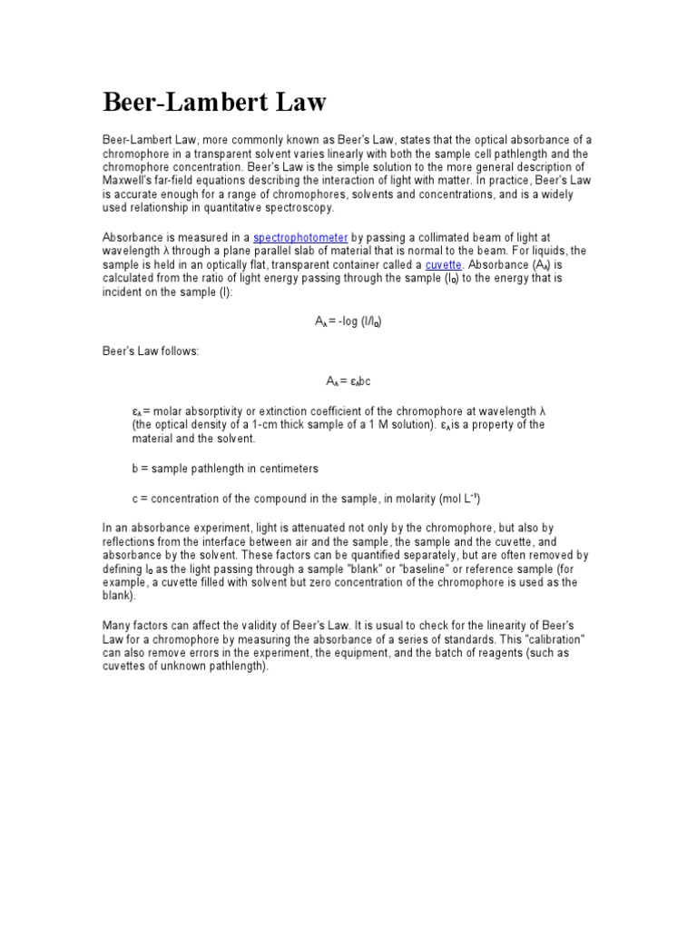 BeerLambert Law Spectrophotometer Cuvette PDF