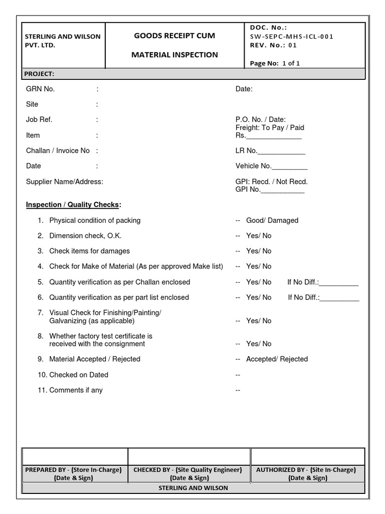 Goods Receipt and Inspection Report | PDF | Technology & Engineering