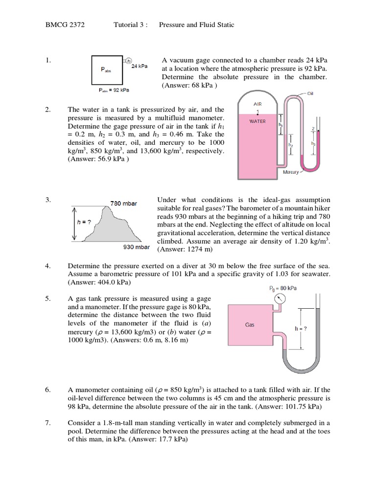 Pressure and Fluid Statics Tutorial | PDF | Pressure Measurement | Pressure