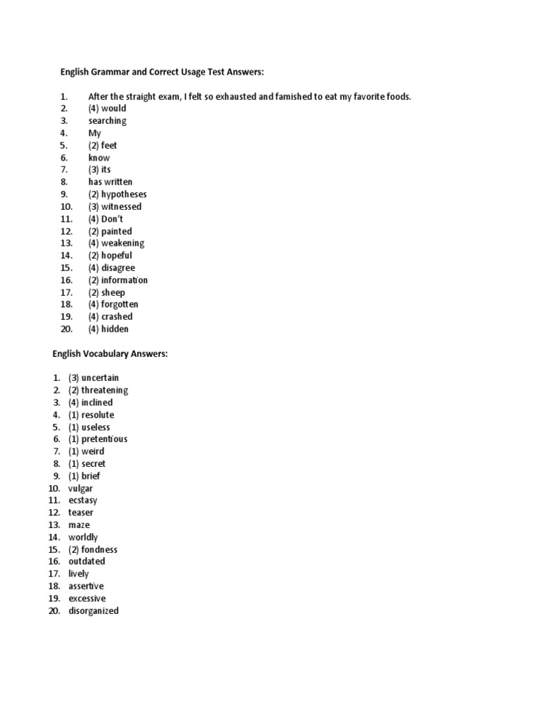 English Grammar Test Answers and Key | PDF | Fraction (Mathematics ...
