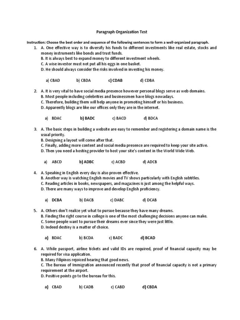 Paragraph Organization Test Answers | PDF | Facebook | Communication