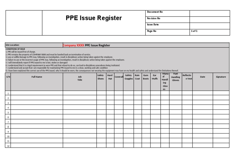 PPE Issue Register Company XXXX PDF Personal Protective Equipment