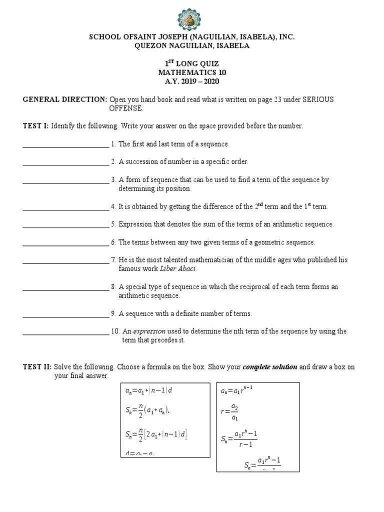 Math10 Long Quiz Pdf Sequence Summation
