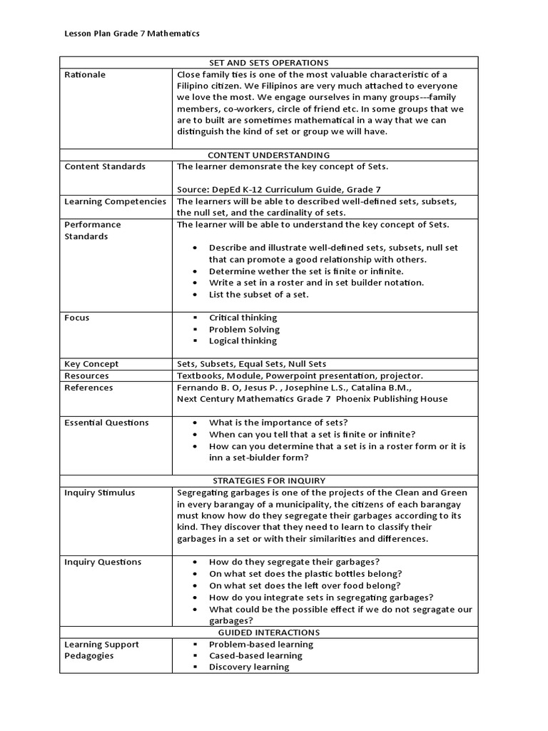 SET AND SETS OPERATIONS 2nd LP | PDF | Set (Mathematics) | Teaching