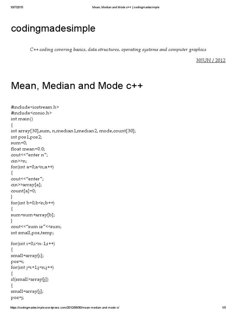 Mean, Median and Mode C++ - Codingmadesimple | PDF