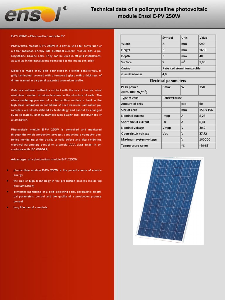 250w Cellule PV PDF | PDF | Renewable Resources | Photovoltaics