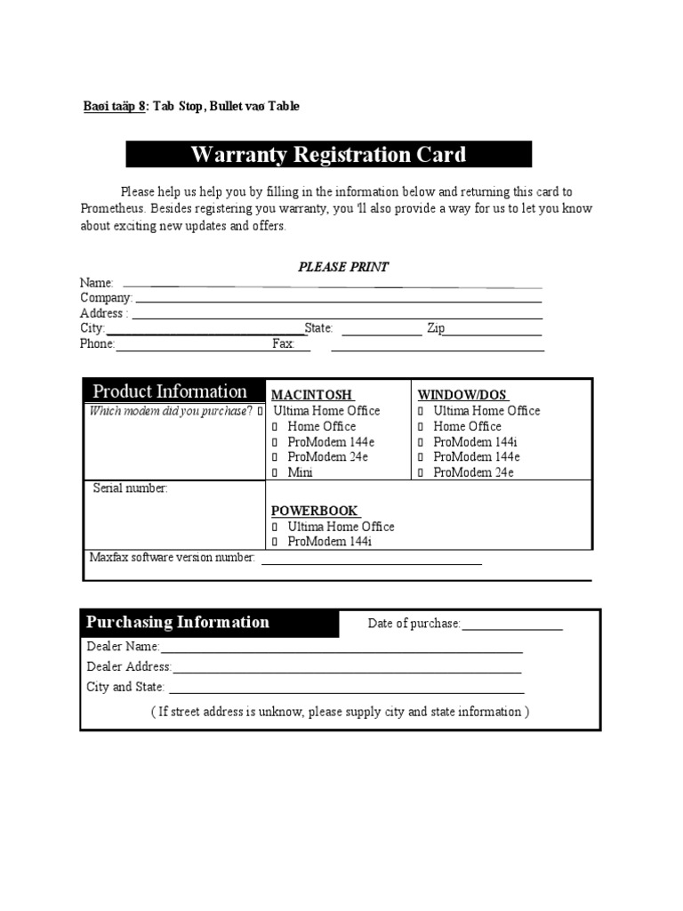 Warranty Registration Card Product Information PDF