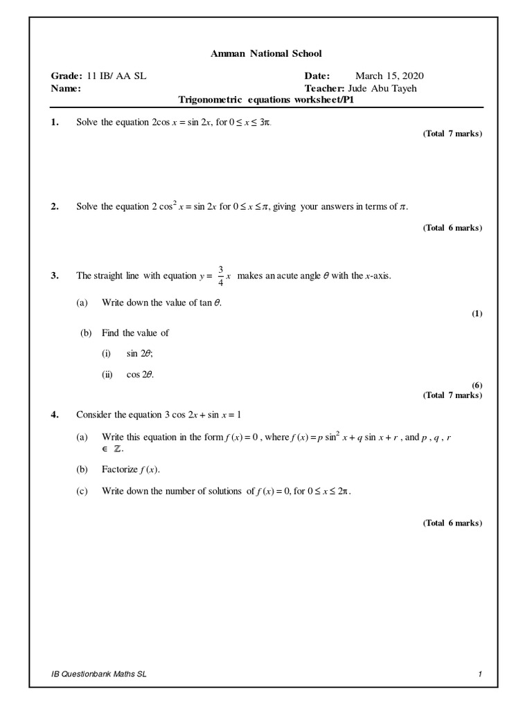 Solving Trigonometric Equations: A Worksheet with 10 Problems on ...
