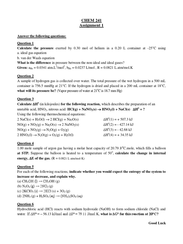 CHEM 241 Assignment 1 Solutions | PDF | Science & Mathematics